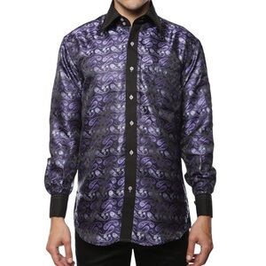 FERRECCI Men’s Satine Hi-1013 Purple & Black Flower Button Down Dress Sh…